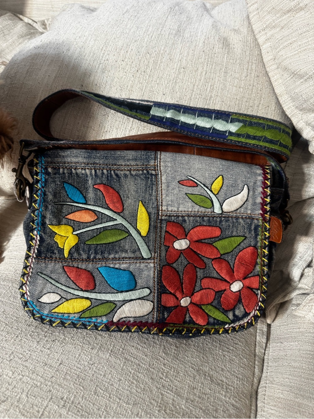 Patricia Nash Denim Crossbody with Multicolor Floral Appliqué